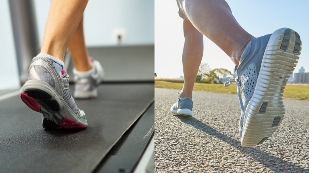 Person slowly walking on a treadmill easing into it and next to it a person outside slowly building momentum to run outside