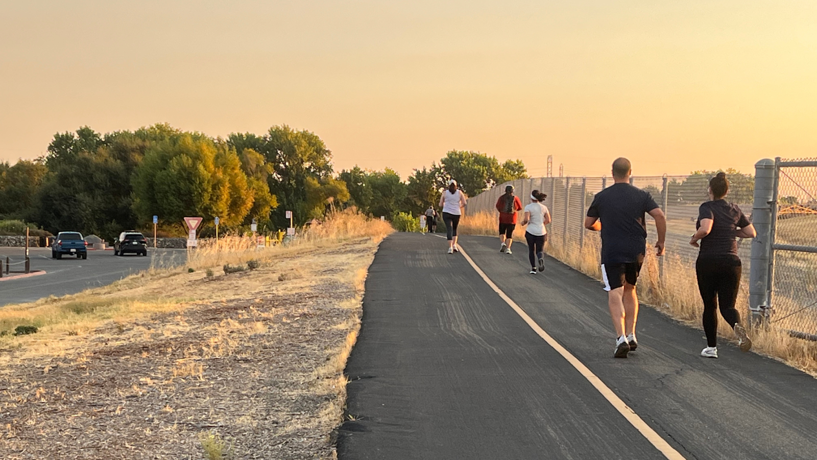 Group of people running outside during a beautiful sunset. They are all part of a running group
